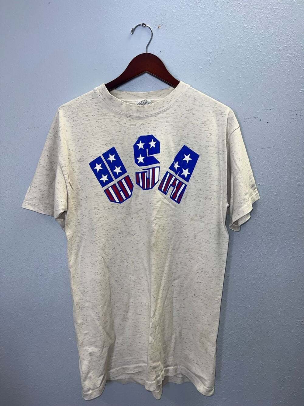 Vintage USA Patriotic T Shirt Mens Large BJ Sportswear Oatmeal Grey